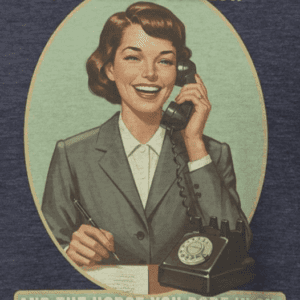 T-shirt with vintage phone illustration design. with secretary saying "Yes. that is correct. and the horse you rode in on". the mad bandit.