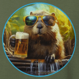beaver wearing colorful sunglasses and holding a beer after a long day of building a dam. the mad bandit.