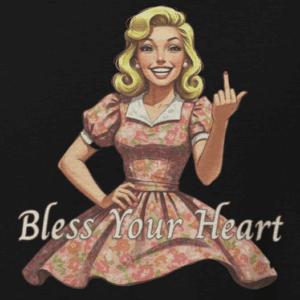 retro drawing of a smiling pinup lady giving the middle finger with the words saying less your heart. the mad bandit