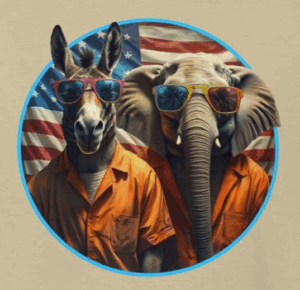 donkey and elephant wearing colorful sunglasses and orange prison uniforms with an American flag in the background. republican and democrat political reference. the mad bandit.