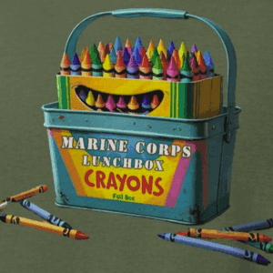 lunchbox filled with crayons. words say marine corps lunchbox. the mad bandit