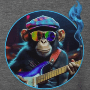 monkey wearing colorful sunglasses and a hat playing bass guitar in a smokey lounge