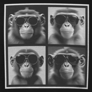 four monkeys all wearing sunglasses. it is black and white and alternates monkeys in a 4 square. the mad bandit.