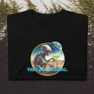 Alien with plant, Earth background, "They Are Coming.