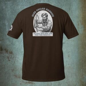 Brown T-shirt with vintage-style graphic design.