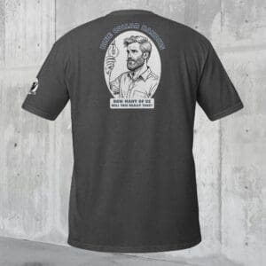Gray T-shirt with illustrated man design.