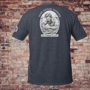 Gray t-shirt with vintage worker graphic.