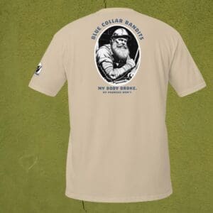 T-shirt with worker graphic and text.