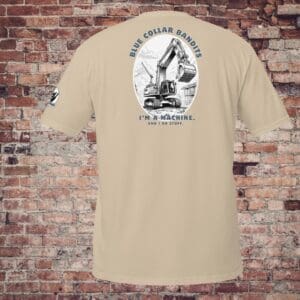 Beige shirt, construction equipment graphic design.