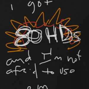 random scribble text saying I have 80 HD's and I am not afraid to use them. ADHD. the mad bandit