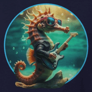 seahorse wearing colorful sunglasses and a leather jacket playing the electric guitar
