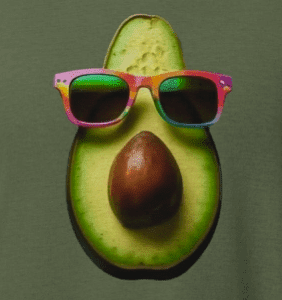 avocado wearing colorful sunglasses. guac'in on sunshine. the mad bandit