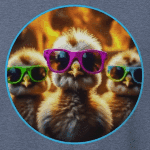 chickens wearing colorful sunglasses with fire in the background. the mad bandit.