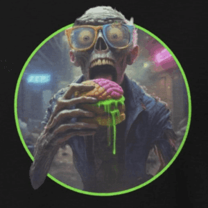 zombie wearing glasses eating a burger made of brains