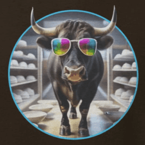 bull wearing colorful sunglasses in a china shop. the mad bandit.