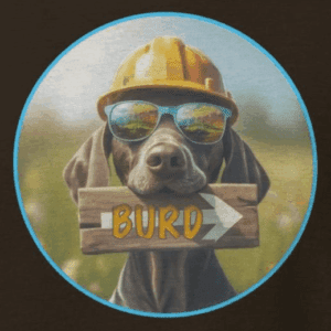 bird dog duffey wearing colorful sunglasses and a hard hat holding a sign pointing to birds. Weimaraner. the mad bandit