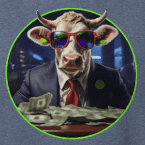 cow wearing colorful sunglasses and a suit sitting at a table full of money. cash cow. the mad bandit