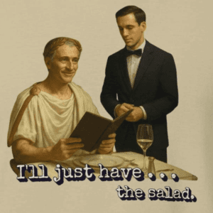 julius ceasar and a waiter at a table ordering from a menu asking for a salad. a ceasar salad. the mad bandit.