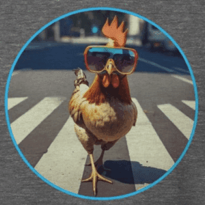 chicken wearing colorful sunglasses crossing the road in a crosswalk. the mad bandit.