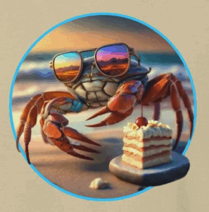 crab wearing colorful sunglasses with a piece of cake