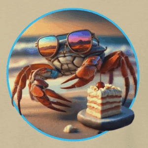 crab wearing colorful sunglasses with a piece of cake