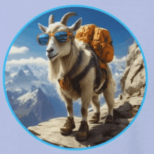 goat wearing colorful sunglasses, a hiking pack and hiking boots. the mad bandit.