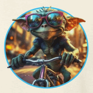 gremlin wearing colorful glasses riding a bike. the mad bandit