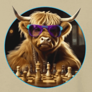 highland cow wearing colorful sunglasses and a gold chain playing chess. the mad bandit