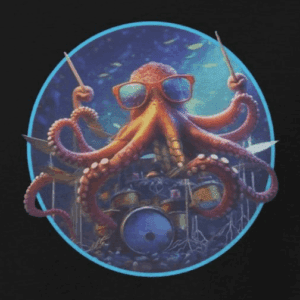 octopus wearing colorful sunglasses playing the drums