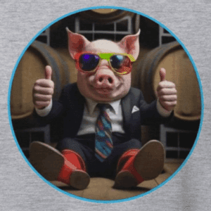 pid wearing colorful sunglasses and a suit giving two thumbs up with barrels in the background. pork barrel politics. the mad bandit.