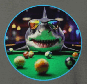 shark wearing colorful sunglasses playing pool like a pool shark. the mad bandit