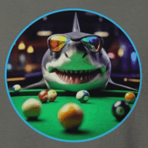 shark wearing colorful sunglasses playing pool like a pool shark. the mad bandit
