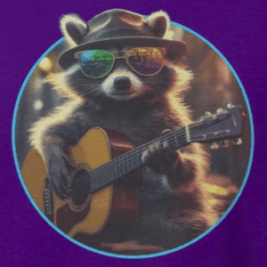 raccoon wearing a hat and colorful glasses playing an acoustic guitar. the mad bandit