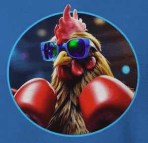 rooster waering colorful sunglasses and boxing gloves ready to fight. the mad bandit