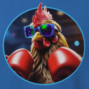 rooster waering colorful sunglasses and boxing gloves ready to fight. the mad bandit