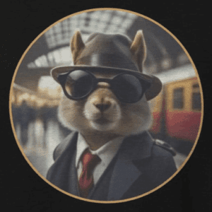 secret squirrel agent wearing dark sunglasses and a suit in a train station. the mad bandit