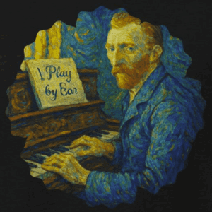 vincent van gogh playing the piano with words on the sheet music saying i play by ear. the mad bandit