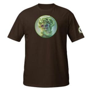 Brown t-shirt with broccoli wearing sunglasses.