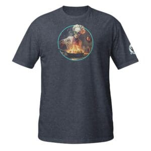 skeleton chef wearing colorful sunglasses cooking vegetables in a pan over open flames. the mad bandit.