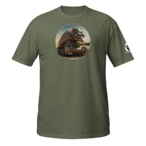 Green T-shirt with armadillo tank illustration.