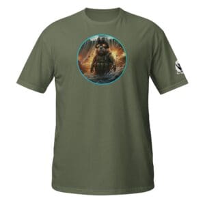Green shirt with armored bear illustration.