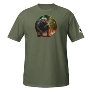 Green t-shirt with festive soldier graphic.
