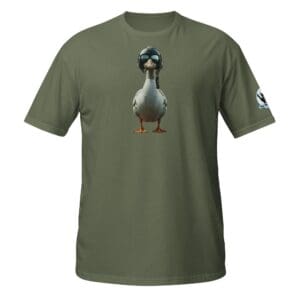 Duck wearing helmet graphic on green shirt.