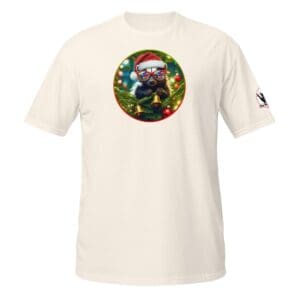 T-shirt with festive gnome illustration.