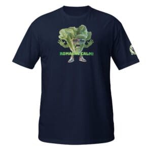 romaine lettuce wearing colorful sunglasses with arms up yelling Romaine calm. the mad bandit