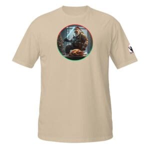 Beige T-shirt with Santa graphic design.