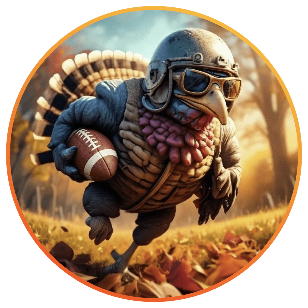 Turkey wearing helmet holding a football.