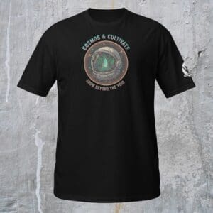 Black t-shirt with cosmic design and text.