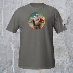 Gray t-shirt with tropical Santa design.
