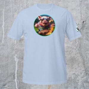 Pig grilling on light blue T-shirt.
